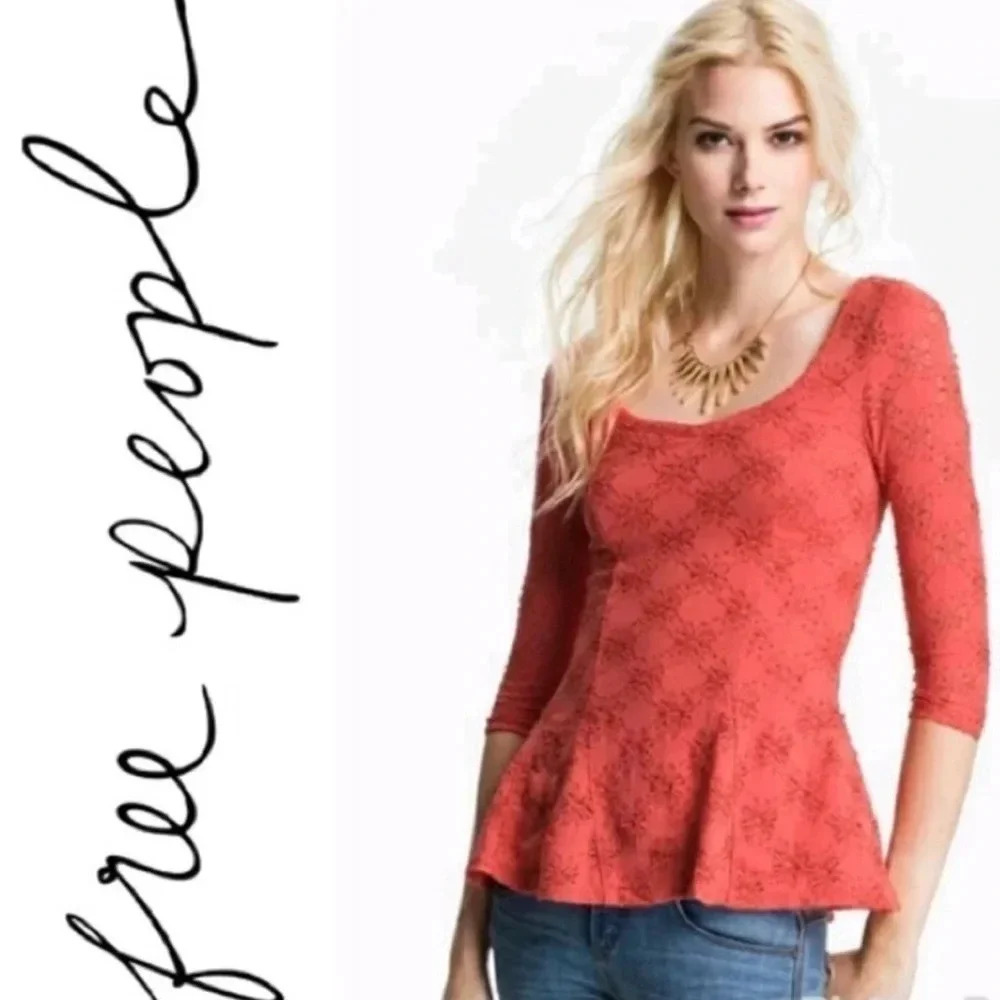 Free People Burnt Orange Eyelet Lace Peplum Top Size XS